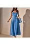 Women's Long Blue Dress with Front Gather Detail
