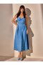 Women's Long Blue Dress with Front Gather Detail - 5