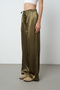 Women's Khaki Color Plain Satin Wide Leg Elastic Waist Trousers - 2