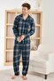Light Navy Blue Plaid Patterned Front Buttoned Elegant Men's Pajama Set - 2