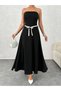 Women's White Tie-Up Long Flared Stylish Black Dress - 3