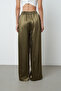 Women's Khaki Color Plain Satin Wide Leg Elastic Waist Trousers - 5