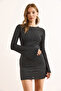 Women's Black Lined Glitter Backless Mini Stylish Dress Elb-19002540 - 3