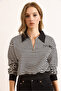 Women's Black Polo Neck Zippered Striped Unlined Crop Sweatshirt Swt-19000746 - 2