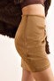 Women's Camel Drape Detailed Side Zipper Mini Suede Skirt Etk-19000354 - 5