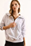 Women's Gray Melange Stitching Detailed Zippered Thick Sweatshirt Without Embroidery Swt-19000744