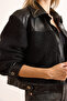 Women's Black Faux Leather Garnished Lined Boucle Jacket Ckt-19000463 - 5