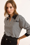 Women's Black Polo Neck Zippered Striped Unlined Crop Sweatshirt Swt-19000746