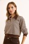 Women's Brown Polo Neck Zippered Striped Unlined Crop Sweatshirt Swt-19000746 - 3