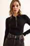 Women's Black Polo Neck Zippered Long Sleeve Stretchy Blouse Blz-19003103 - 4