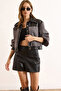 Women's Gray Faux Leather Garnished Lined Boucle Jacket Ckt-19000463