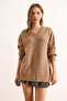 Women's Brown V-Neck Soft Textured Relaxed Fit Sweater Kzk-19000993 - 3