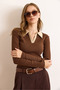 Women's Brown Beige Color Block Polo Neck Cotton Stretchy Blouse Blz-19003104 - 4