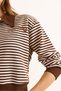 Women's Brown Polo Neck Zippered Striped Unlined Crop Sweatshirt Swt-19000746 - 7