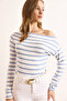 Women's Striped Indigo Striped Premium Soft Touch Boat Neck Stretchy Blouse Blz-19002448
