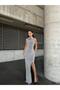 Stretchy Flowers Fabric Collar Rose Detail Slit Evening Dress SILVER 583261