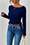 Navy Boat Neck Long Sleeve Side Ruched Blouse, Boat Neck Shirred Stretchy Navy Crop Blouse Top