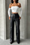 Women's Black Faux Leather Palazzo Trousers with Front Stitching Detail - 5