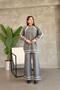 Women's Gray Stripe Detailed Crew Neck Tunic and Wide Leg Knitwear Top and Bottom Set - 2