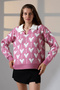 Polo Collar Heart Patterned Knit Sweater - 2