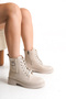 Women's Beige Leather Lace-Up Boots with Side Pocket Detail |   Zippered, Thick Soled, Comfortable & Stylish Everyday Boots - 2