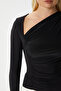 Women's True Bodycon Side Gathered Neckline Detail Soft Stretchy Fabric Black Blouse - 7