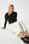 Women's True Bodycon Side Gathered Neckline Detail Soft Stretchy Fabric Black Blouse - 5