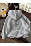 Blue and White Floral Printed Gray Sweatshirt with Hood, Pockets and Wool Inside
