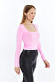 Women's Candy Pink Square Neck Long Sleeve Crop Blouse - 2