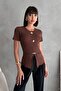 Women's Brown Ribbed Knitted Blouse with Pockets and Accessories - 2