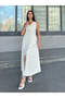 Women's Summer Cream V-Neck Spaghetti Strap Detailed Slit Long Dress Stylish Daily Casual Dusty Rose 50324 - 4