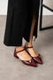 Burgundy Patent Leather Ankle Strap Gold Buckle Pointed Toe Low Heel Women's Ballerina Shoes - 4