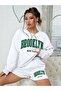 Women's White Green Brooklyn Printed 3 Thread Sweatshirt Shorts Set - 4