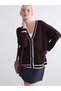 Lcwaikiki Classic Burgundy V-Neck Striped Oversize Women's Knitwear Cardigan W5I152Z8