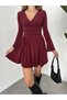 Women's Burgundy Long Sleeve V Neck Mini Candy Dress with Shorts Inside