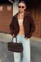 Brown Yulia Zippered Collar Women's Knitwear Crop Cardigan