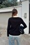 Black Garnished Buttoned Polo Neck Women's Knitwear Sweater - 5