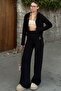Black Hooded Cardigan Pants Patterned Women's Knitwear Bottom-Top Set
