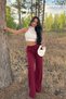 Women's Burgundy Thick Ribbed Wide Leg Knit Trousers