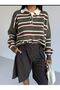 Striped Buttoned Polo Neck Women's Knit Sweater