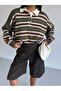 Striped Buttoned Polo Neck Women's Knit Sweater - 3