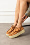 Tan Suede Lace-Up Thick Sole Women's Loafer Shoes