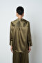 Women's V-Neck Khaki Color Plain Satin Gold Button Shirt - 5