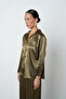 Women's V-Neck Khaki Color Plain Satin Gold Button Shirt - 2