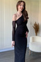 One Shoulder Stone Black Tulle Sleeve Midi Dress - 5