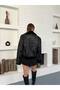 Women's Black Plush Detailed Leather Look Coat - 4