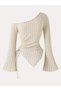 2-Pack Women's Black Beige Asymmetrical One-Shoulder Knit Blouse – Spanish Sleeve, Drawstring Detail - 5