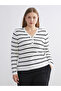 Ecru V-Neck Striped Women's Knit Sweater from Plus-Store