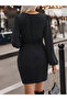 Women's Long Sleeve Double Breasted Collar Side Gathered Asymmetrical Detailed Imported Crepe Mini Dress - 3
