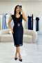 Women's Black Lace Detail Pencil Form Belted Evening Dress - 5
